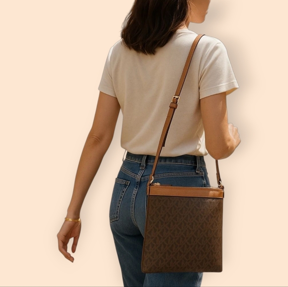 Michael Kors Handbags - Michael Kors MK Brown Leather Bag Monogram Logo Crossbody Messenger EUC